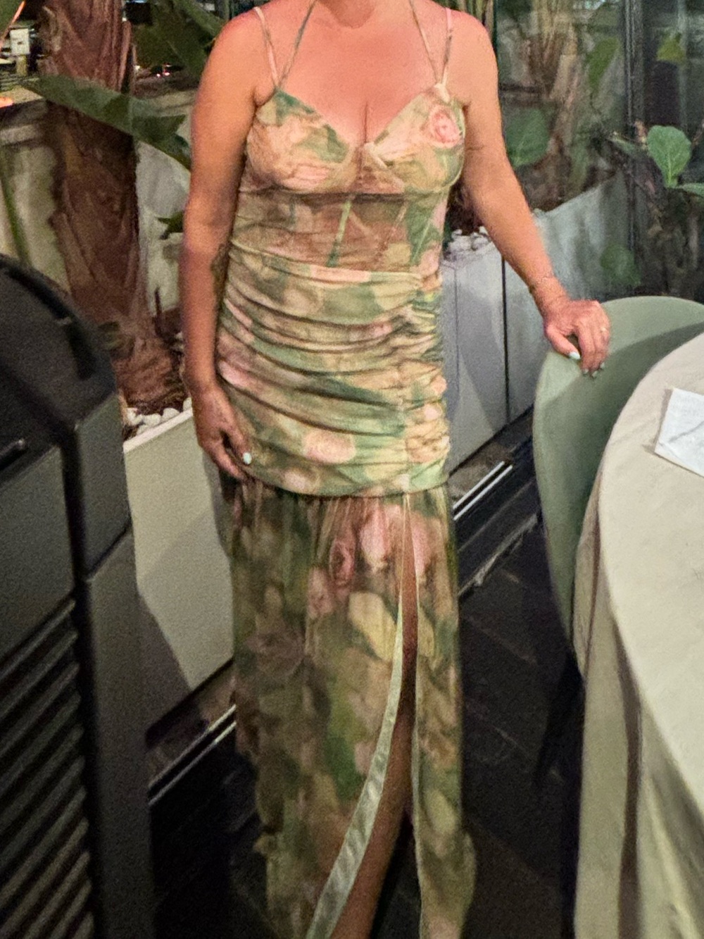 Floral Green Sheer Slip Maxi Dress with Ruched Bodice